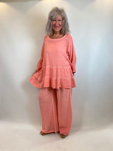 Frill Hem Linen Top and Trousers Set
