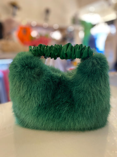 ALEX MAX Faux Fur Green Ruched Handle Faux Fur Handbag