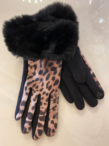 Animal Print Black Faux Fur Gloves