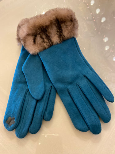 Jade Green Gloves with Pattern Faux Fur