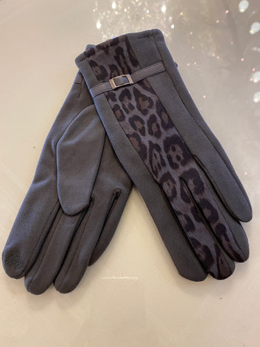 Grey Animal Print Panel Gloves