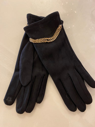 Black Soft Gloves with Gold Chain Detail
