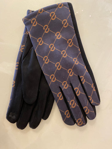 Grey Design Print Black Gloves