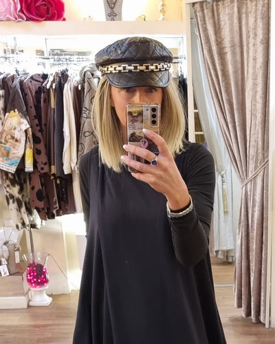 Black Baker Boy Hat with Gold Chain