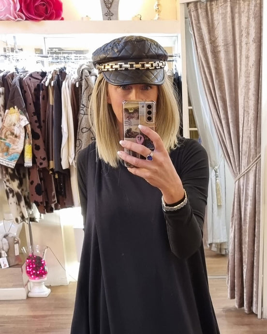 Black Baker Boy Hat with Gold Chain