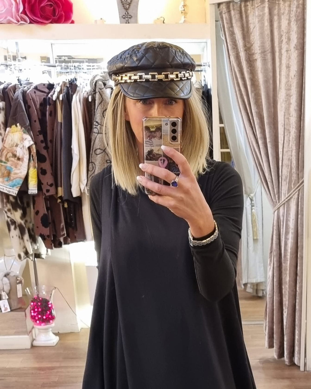 Black Baker Boy Hat with Gold Chain