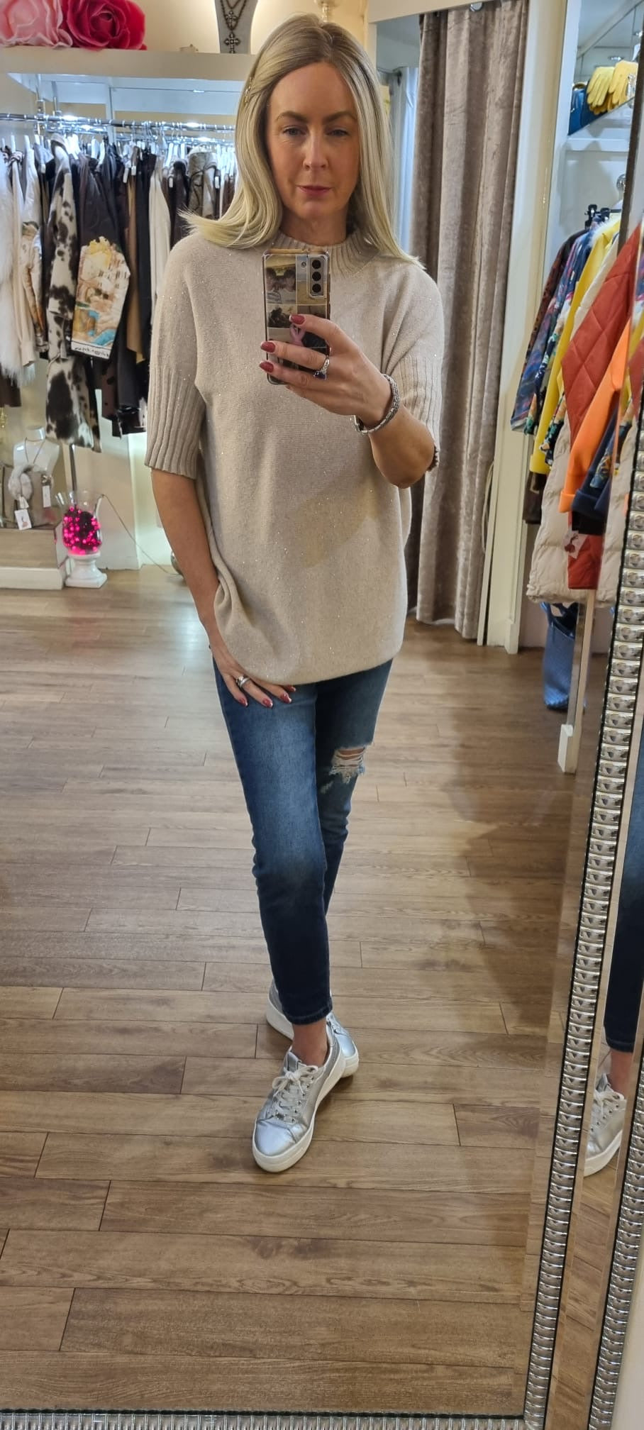 Short Sleeve Sparkle Knit Beige