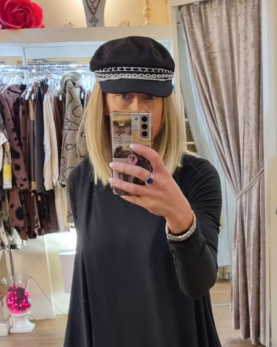 Black Baker Boy Hat with Silver Chain