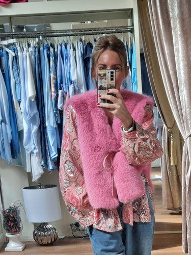 Pink Faux Fur Floral Jacket