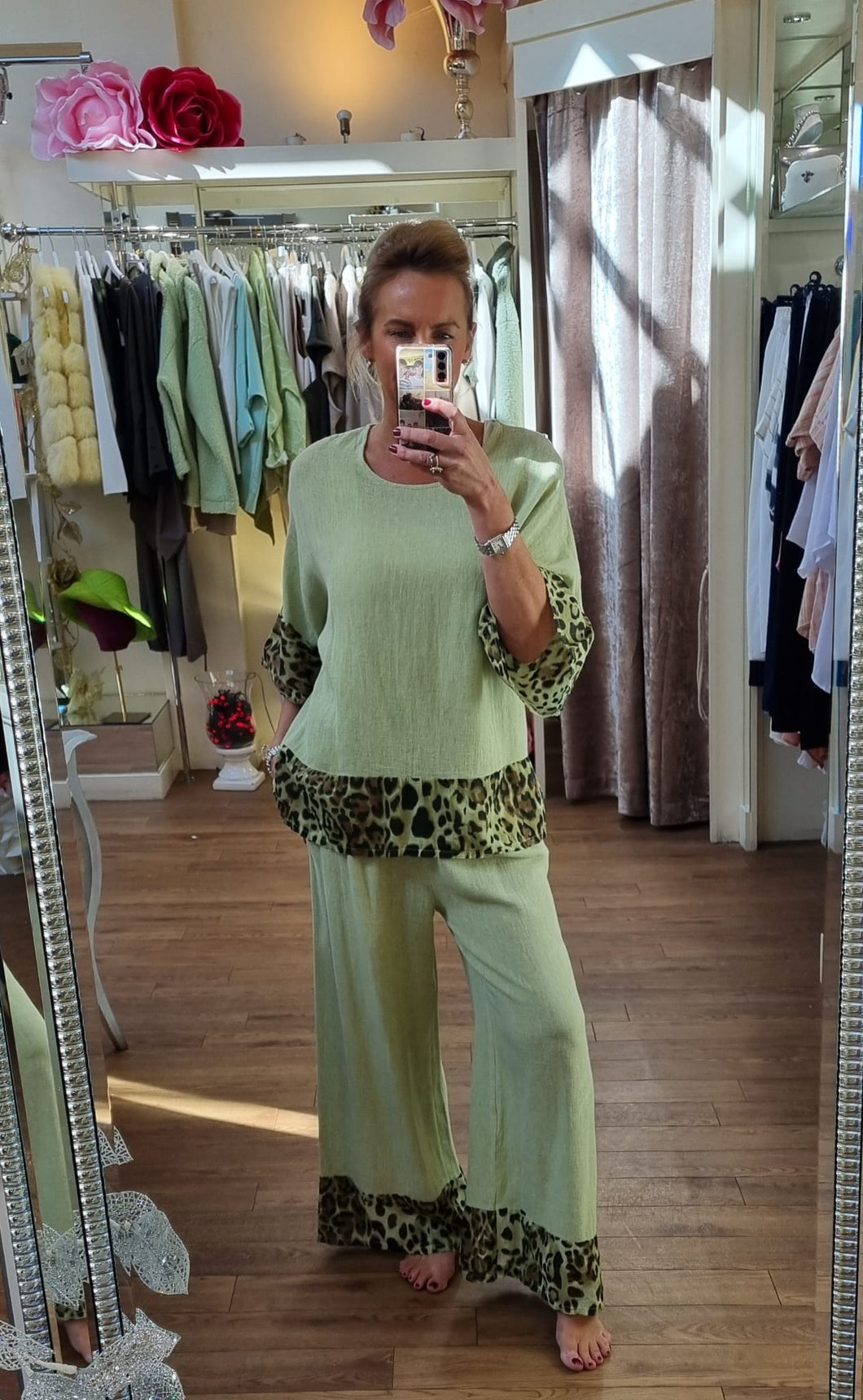 Leopard Linen Trousers Lime