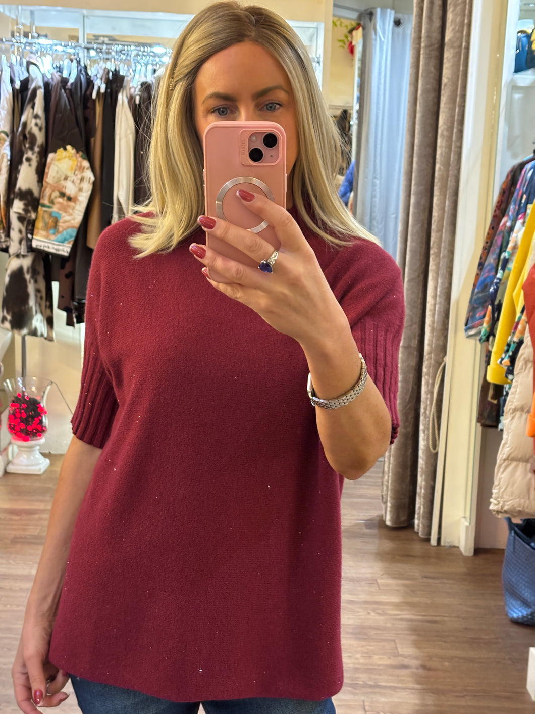 Short Sleeve Sparkle Knit Wine