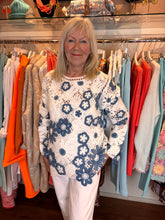 Load image into Gallery viewer, Malissa J Blue/White Crochet Knit Top wf2718